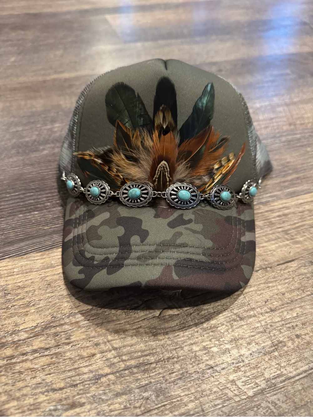 Handcrafted Feather & Turquoise Western Trucker Hat